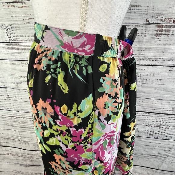 Elementz Skirt sz Large Black Pink Green Floral Sheer Knee Ruffle Modest Wedding - Picture 5 of 9
